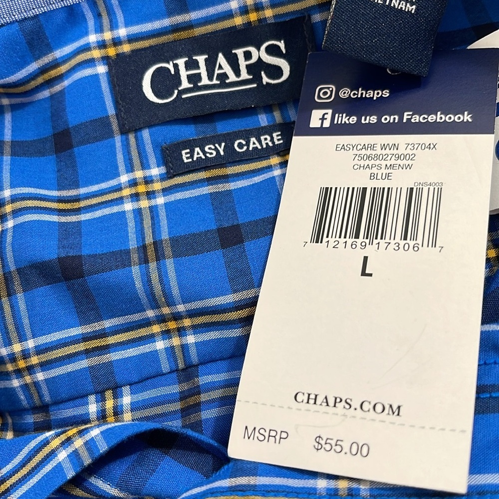 Chaps Blue Plaid Easy Care Button Front Long Sleeves Pocket Shirt Size Large NEW - Picture 9 of 10